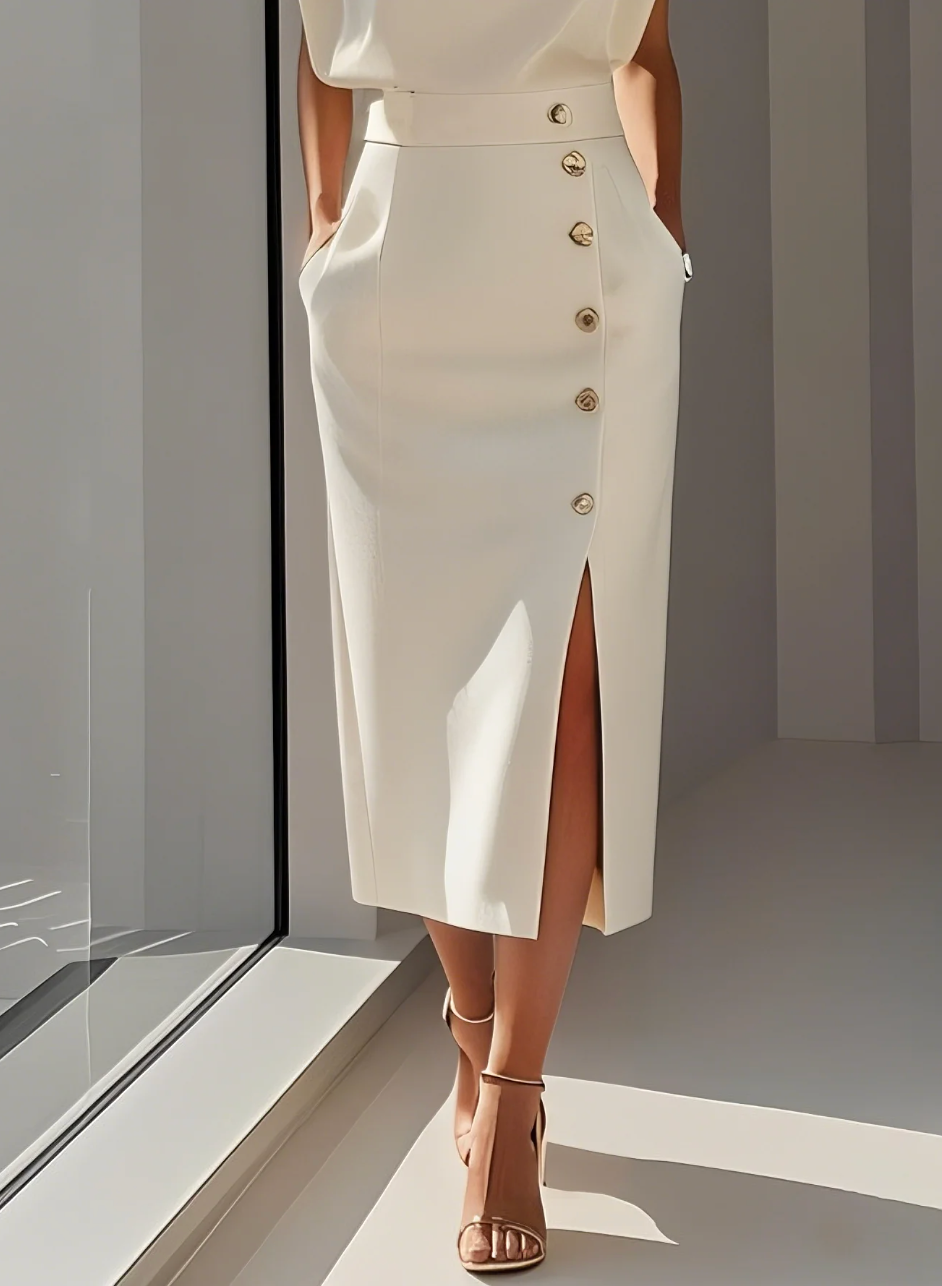 NOMI™ | Abito Avorio Elegante da Donna – Vestito Estivo con Bottoni Dorati e Spacco Laterale