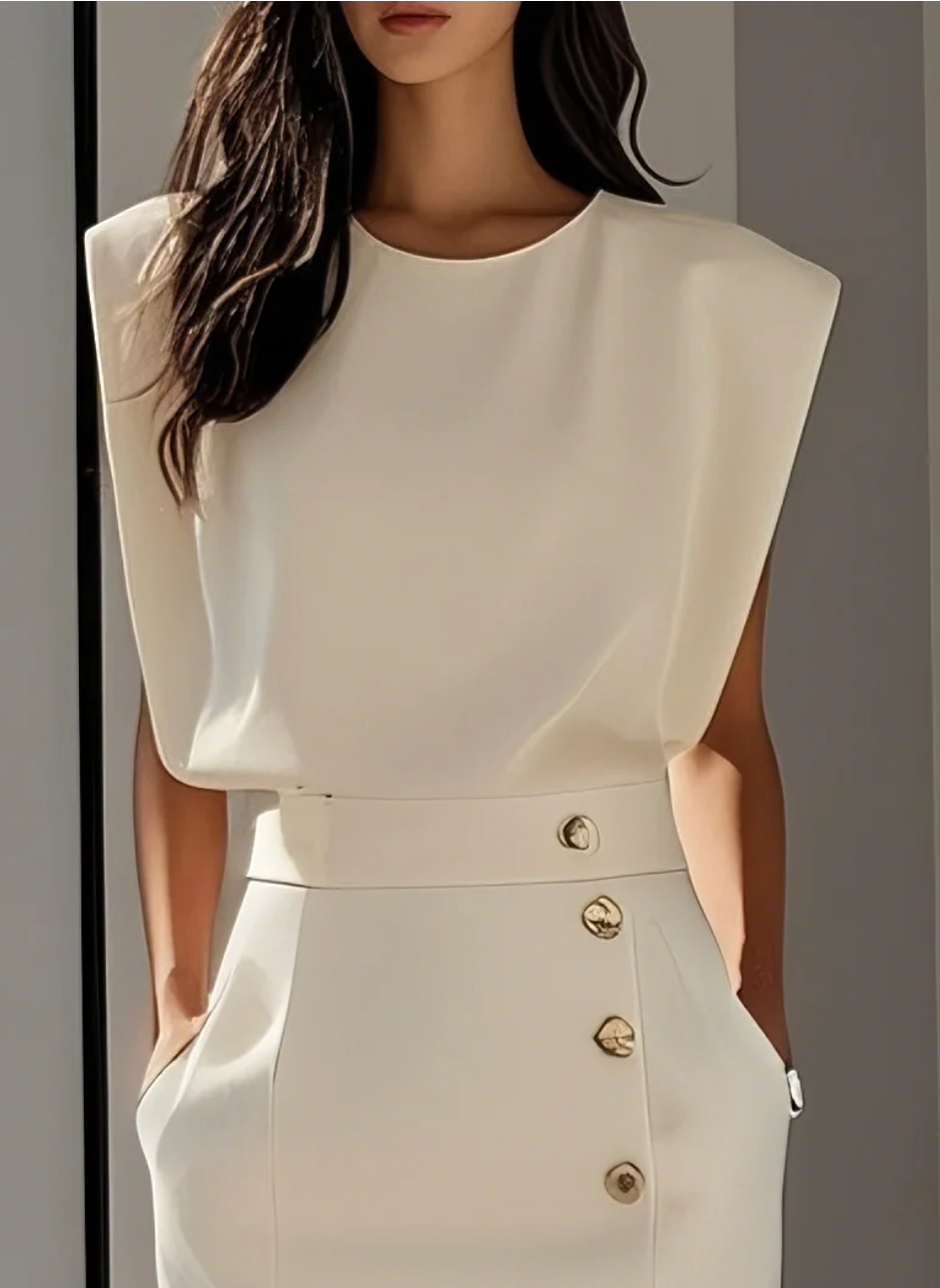 NOMI™ | Abito Avorio Elegante da Donna – Vestito Estivo con Bottoni Dorati e Spacco Laterale