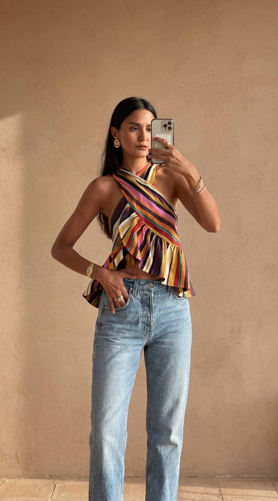 NOMI™ | Top Halter Incrociato con Stampa Multiriga &amp; Peplum