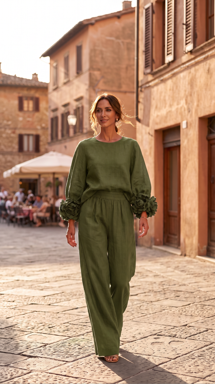 NOMI™ | Completo Top con Fiori 3D & Pantalone Wide Leg