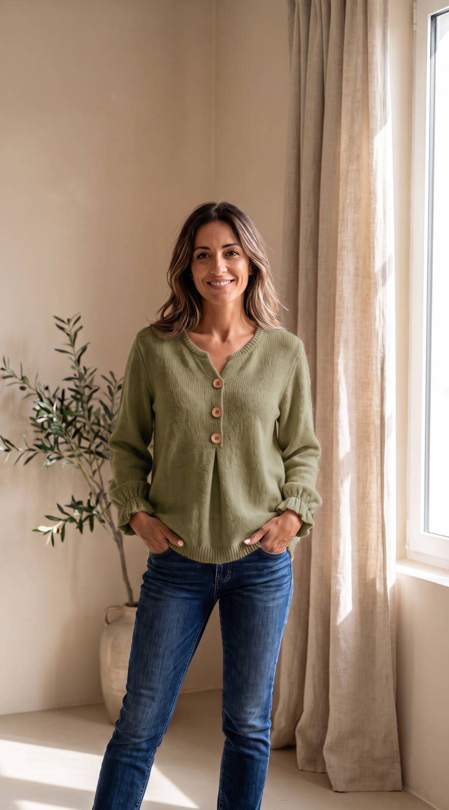 NOMI™ | Maglione Morbido con Scollo a V e Bottoni