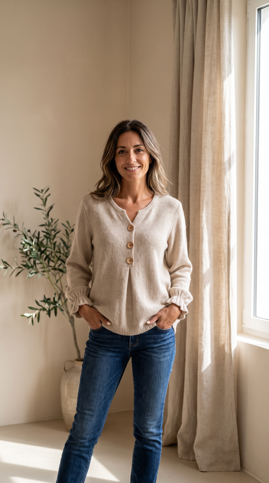 NOMI™ | Maglione Morbido con Scollo a V e Bottoni