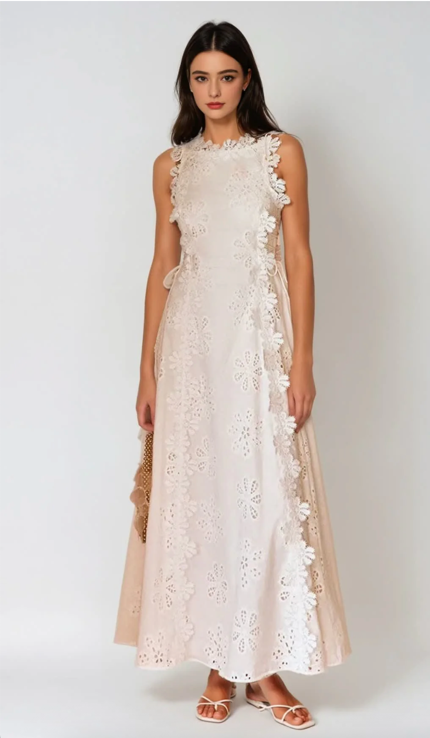 NOMI™ | Abito Maxi Ricamato – Bianco Romantico per l’Estate e le Cerimonie