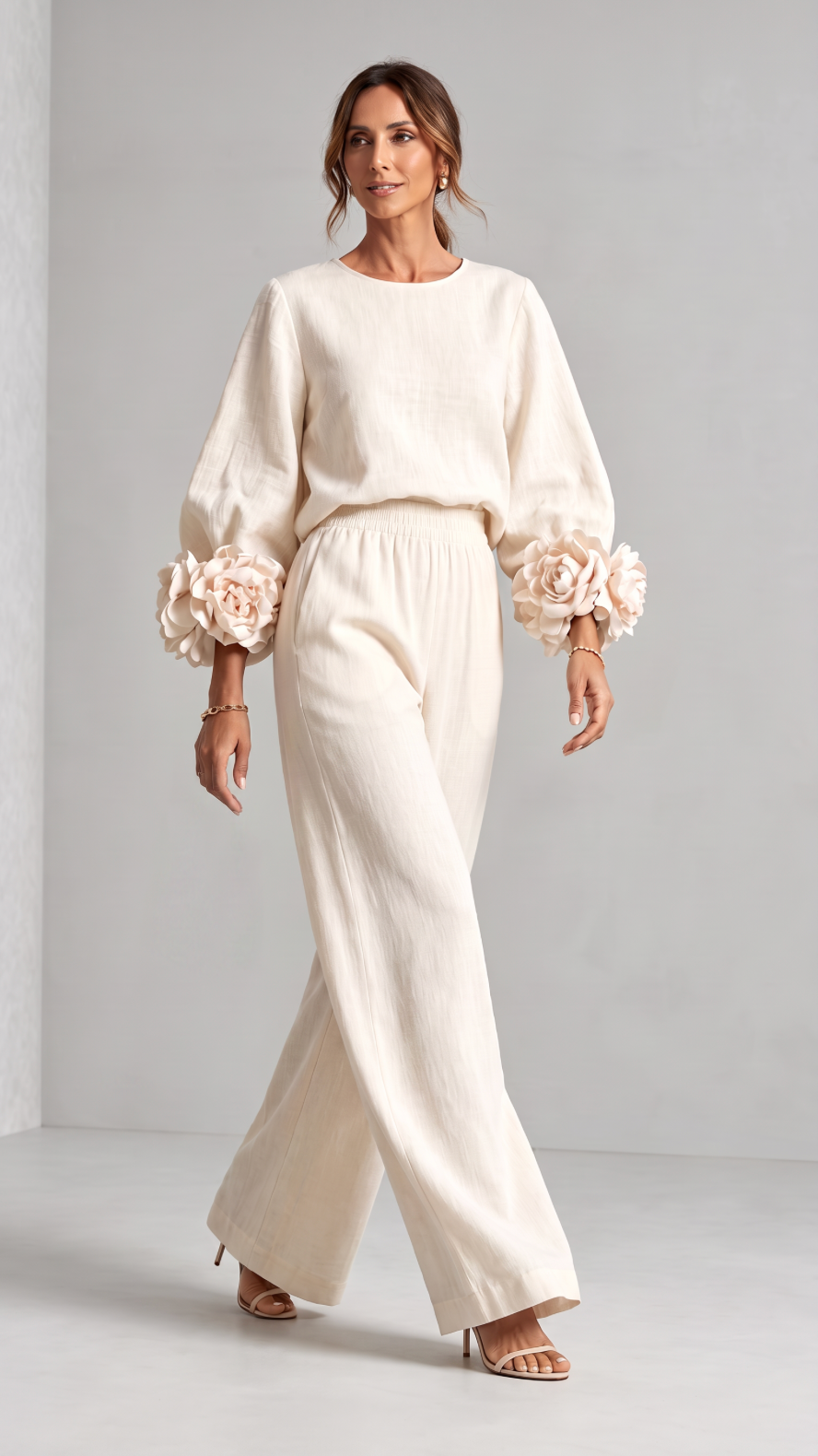 NOMI™ | Completo Top con Fiori 3D & Pantalone Wide Leg