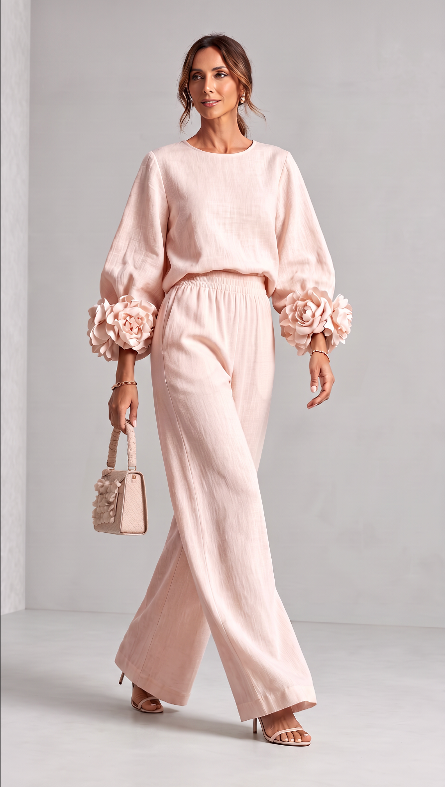 NOMI™ | Completo Top con Fiori 3D & Pantalone Wide Leg