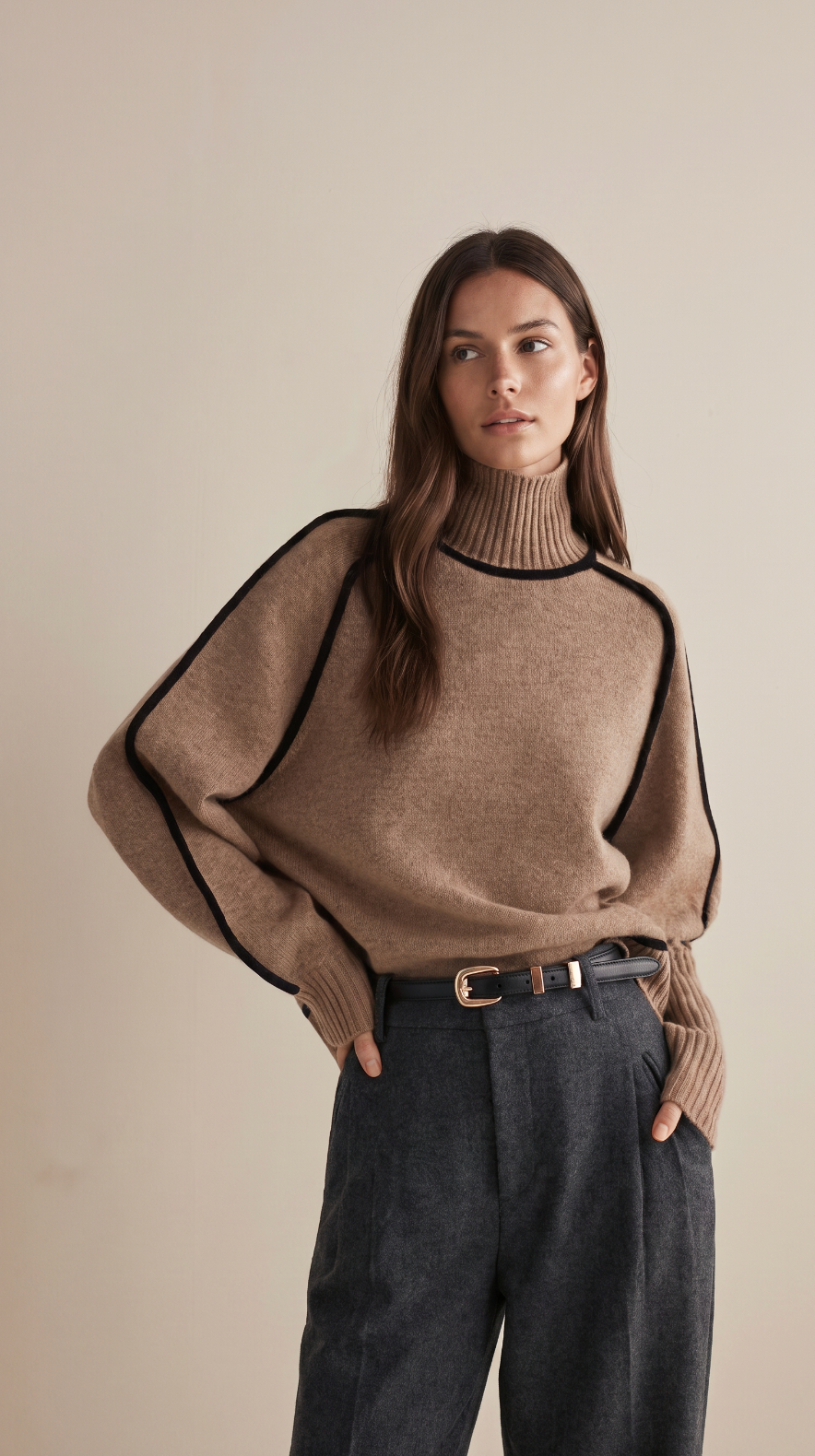 NOMI™ | Maglione Dolcevita con Profili a Contrasto