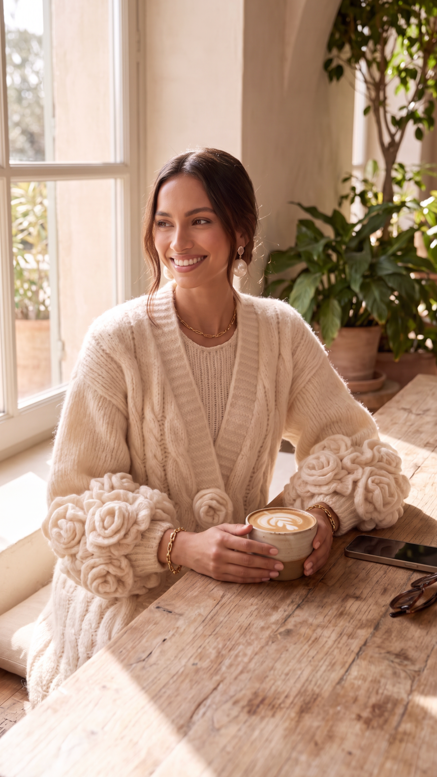 NOMI™ | Cardigan Maxi a Trecce con Fiori 3D