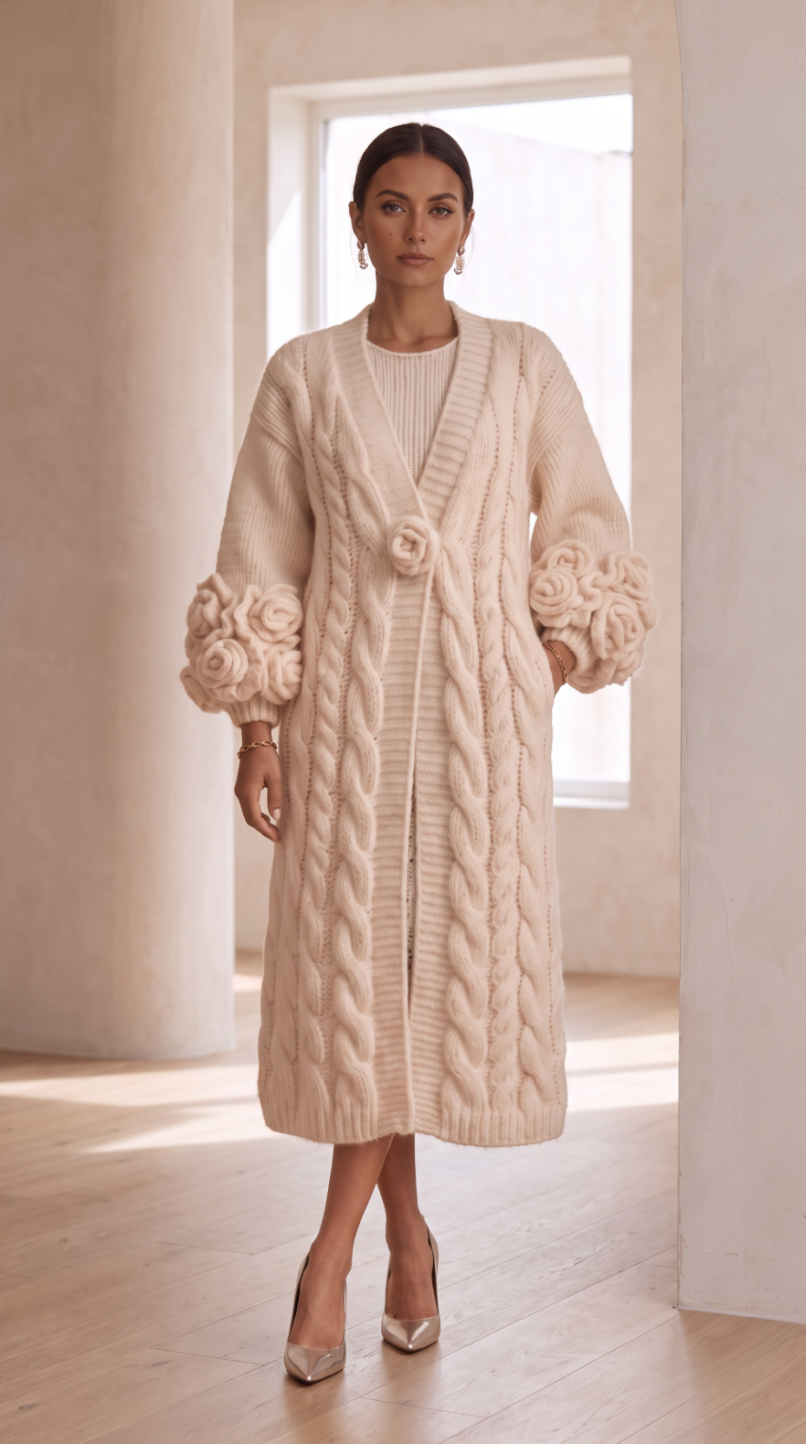 NOMI™ | Cardigan Maxi a Trecce con Fiori 3D