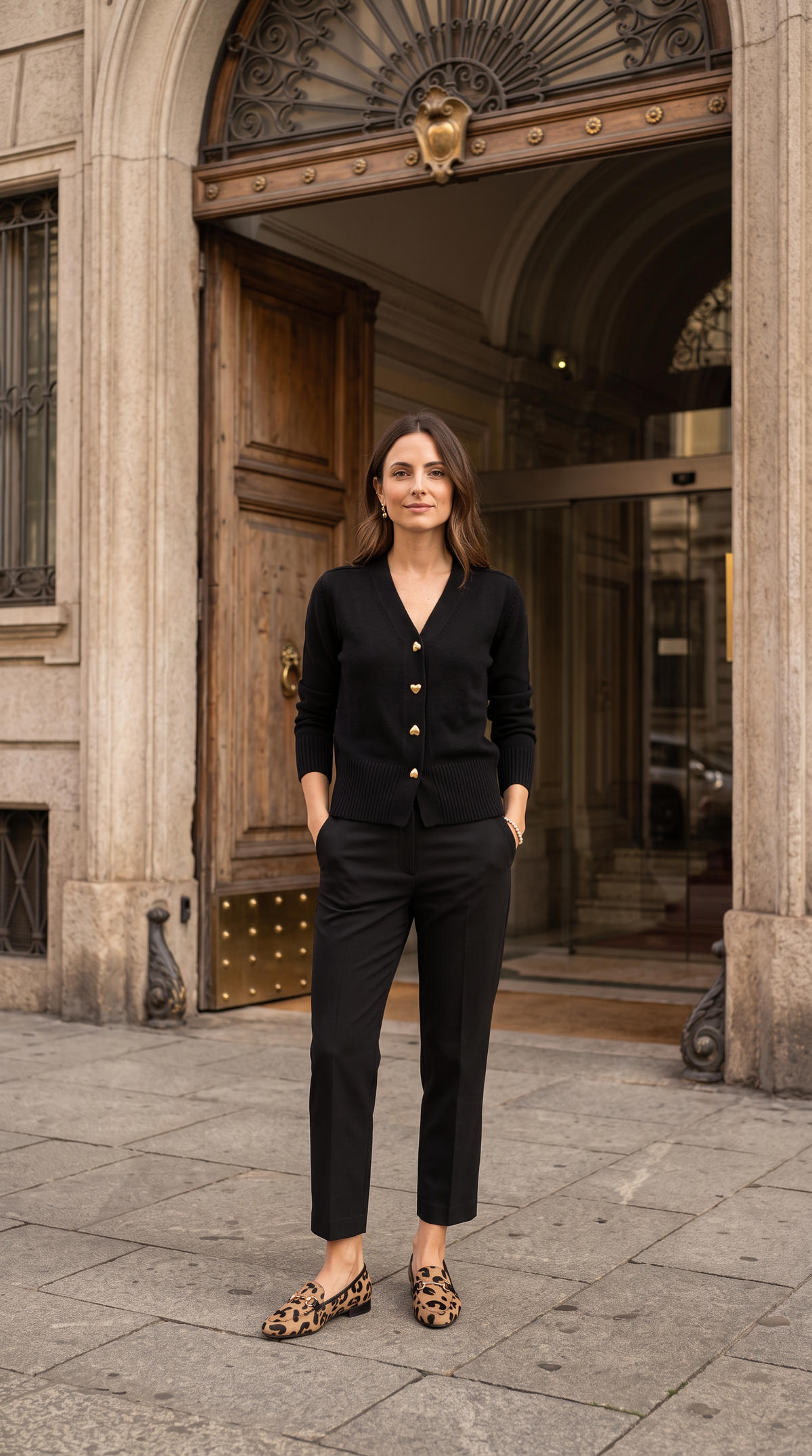 Outfit completo: mocassini leopardati con cardigan nero bottoni a cuore
