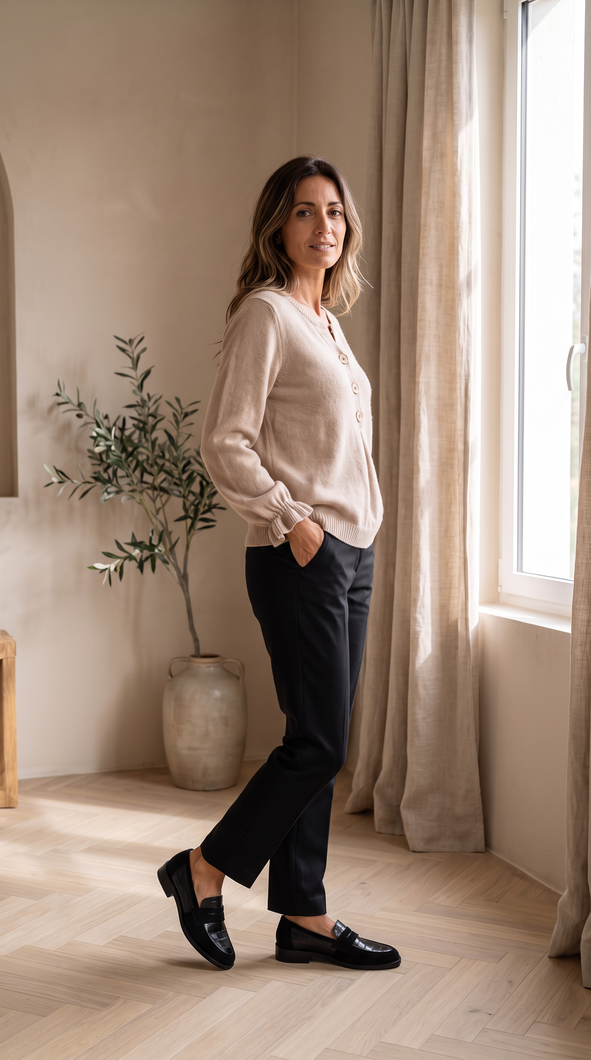 Outfit completo: mocassini Penny Comfort con maglione beige scollo a V