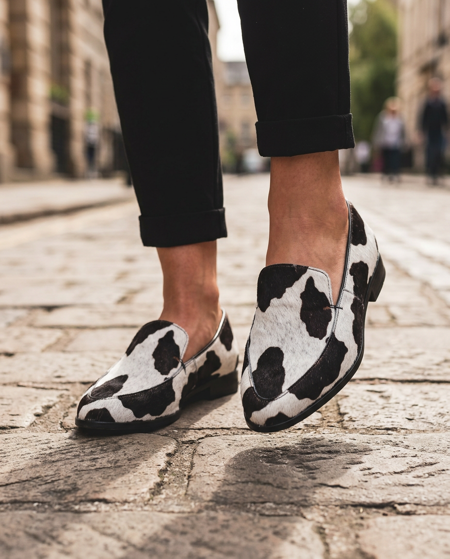 NOMI™ | Mocassino a Punta con Suola Rossa — Stampa Mucca