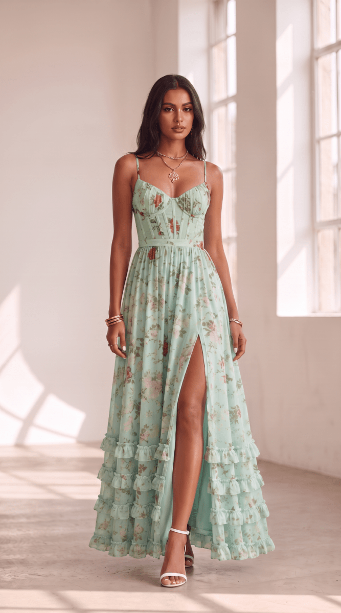 NOMI™ | Abito Maxi Corsetto Floreale con Volant - Nomi