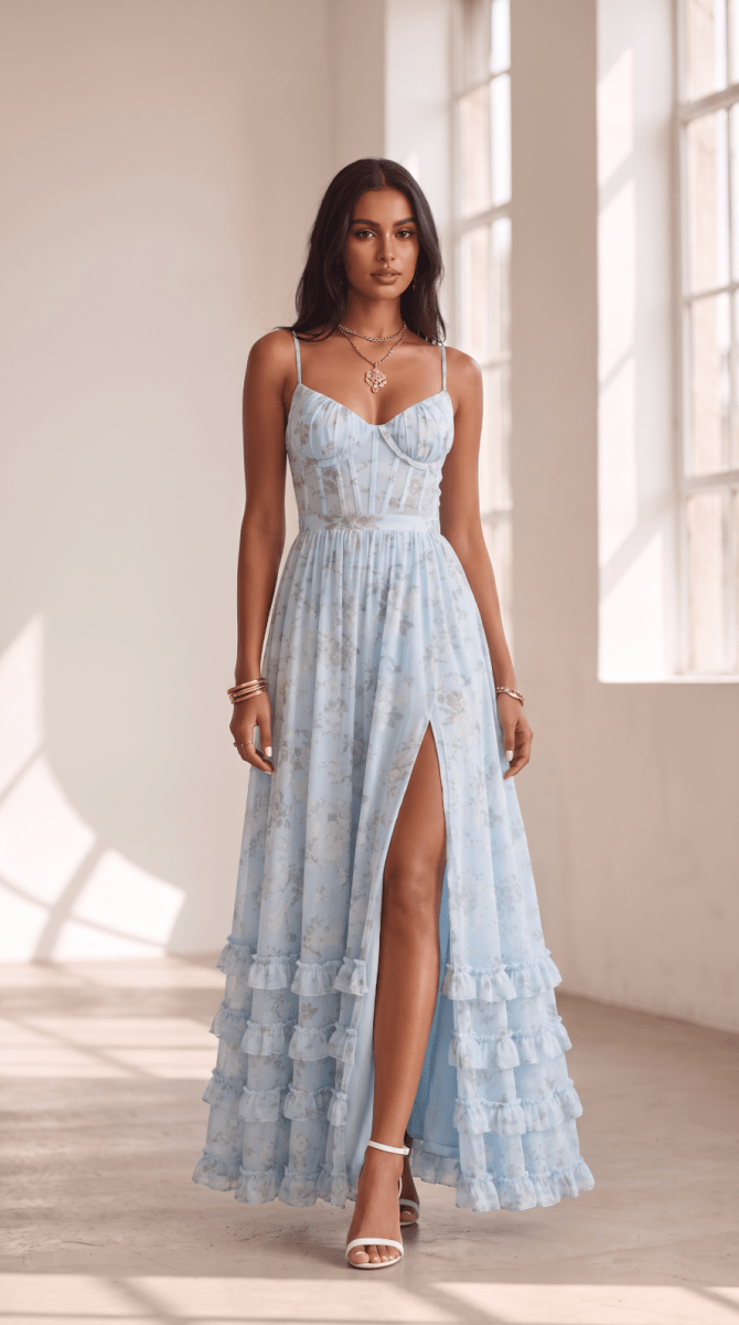 NOMI™ | Abito Maxi Corsetto Floreale con Volant - Nomi