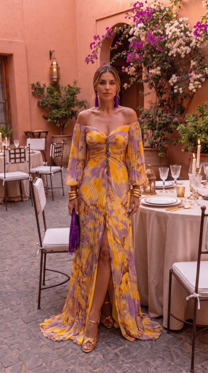 NOMI™ | Abito Maxi Off-Shoulder Plissé con Gioiello - Nomi