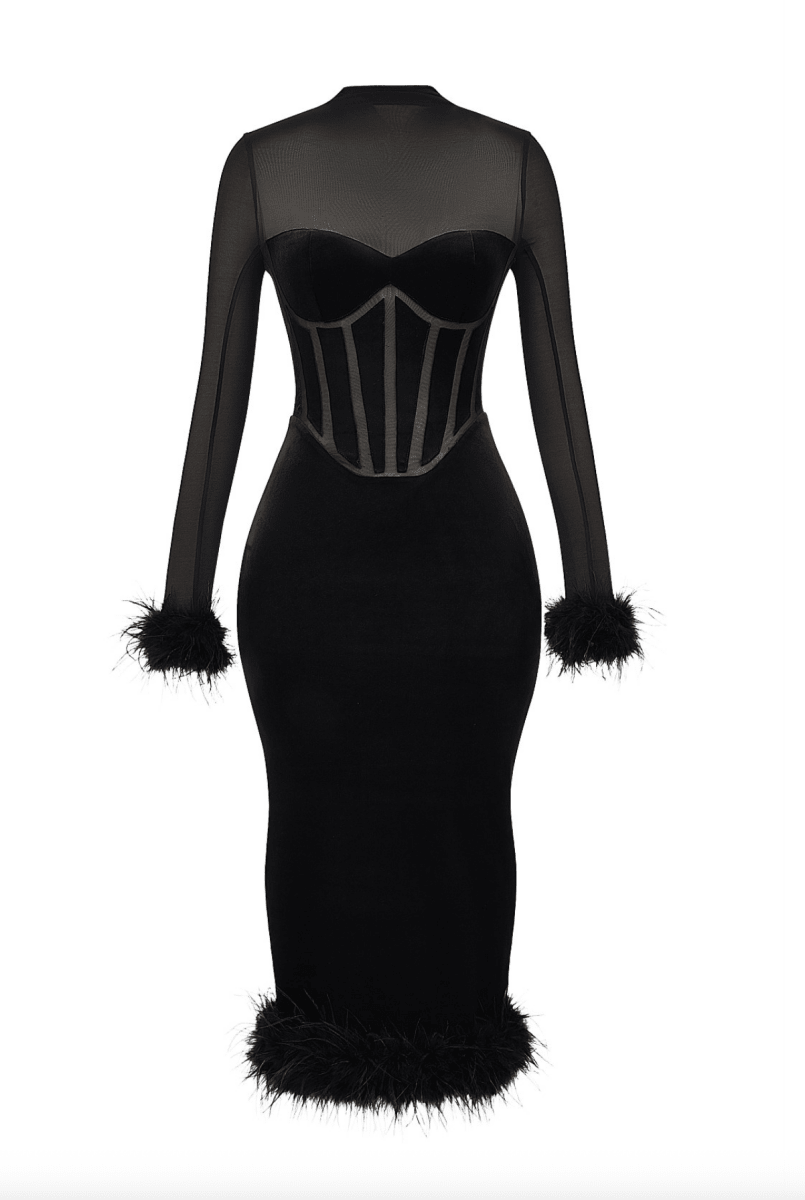 NOMI™ | Abito midi elegante con piume - Nomi