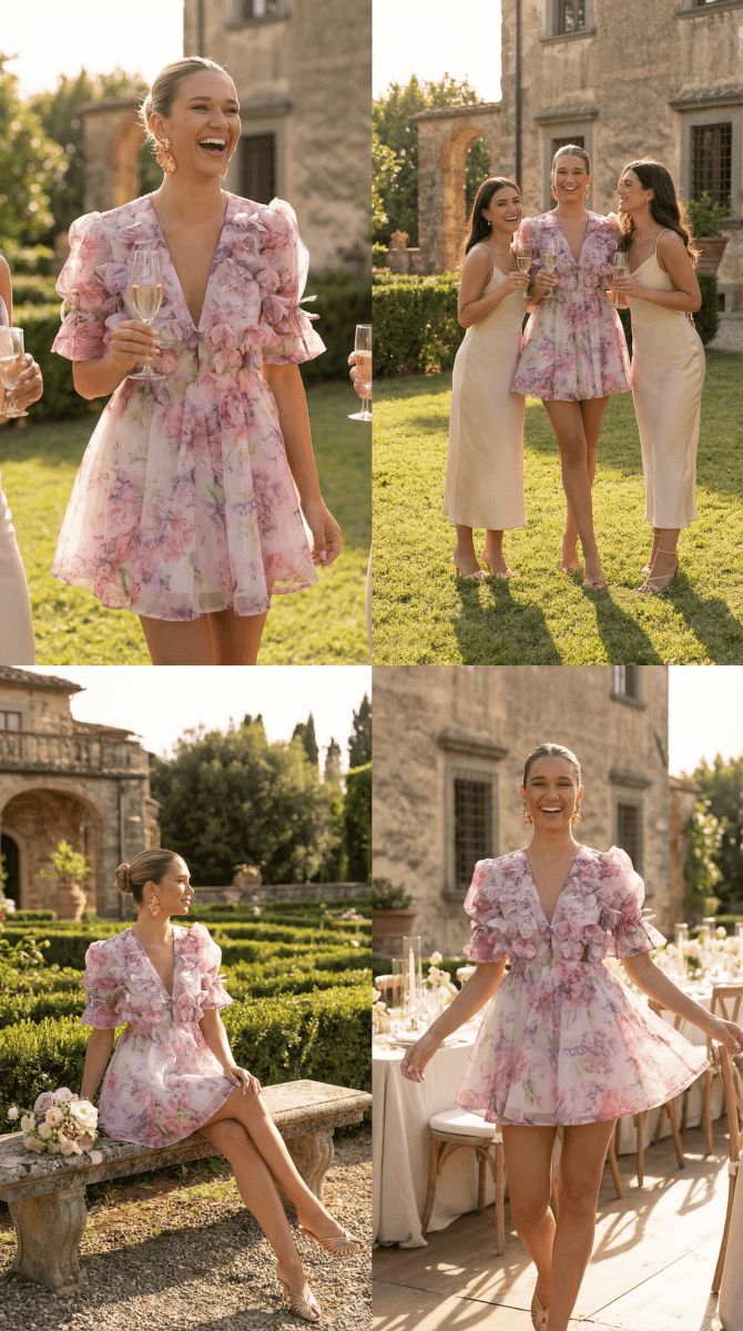 NOMI™ | Abito Mini Rosa a Fiori con Volant - Nomi