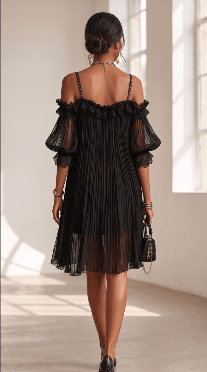 NOMI™ | Abito Plissé Off-Shoulder con Pizzo - Nomi