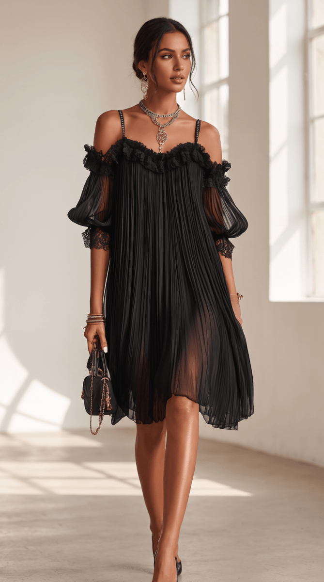 NOMI™ | Abito Plissé Off-Shoulder con Pizzo - Nomi