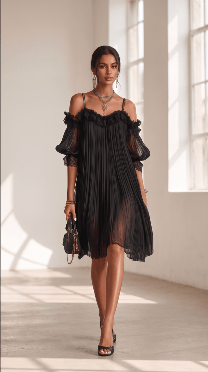 NOMI™ | Abito Plissé Off-Shoulder con Pizzo - Nomi