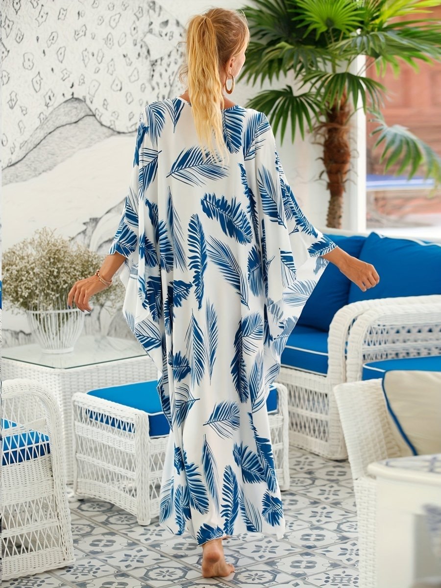 NOMI™ – Caftano elegante da spiaggia - Bianco Blu - Nomi