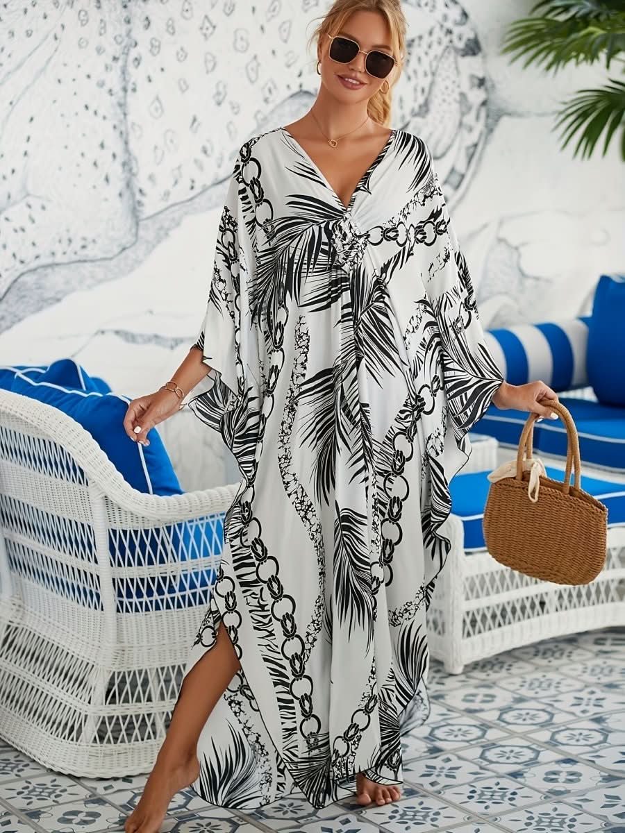 NOMI™ – Caftano elegante da spiaggia - Bianco Nero - Nomi