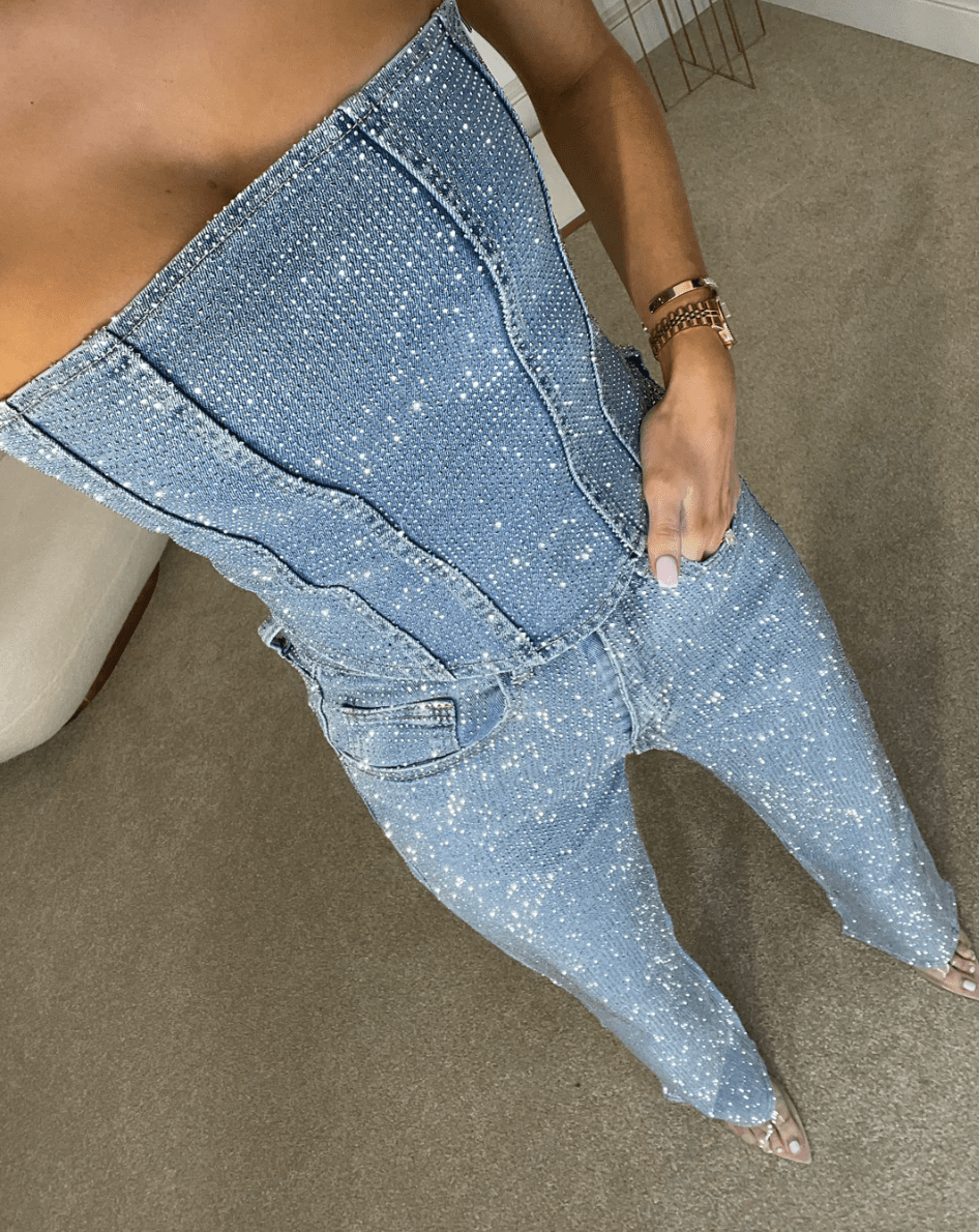 NOMI™ - Jeans in denim a vita alta scintillanti e corsetto in denim - Nomi