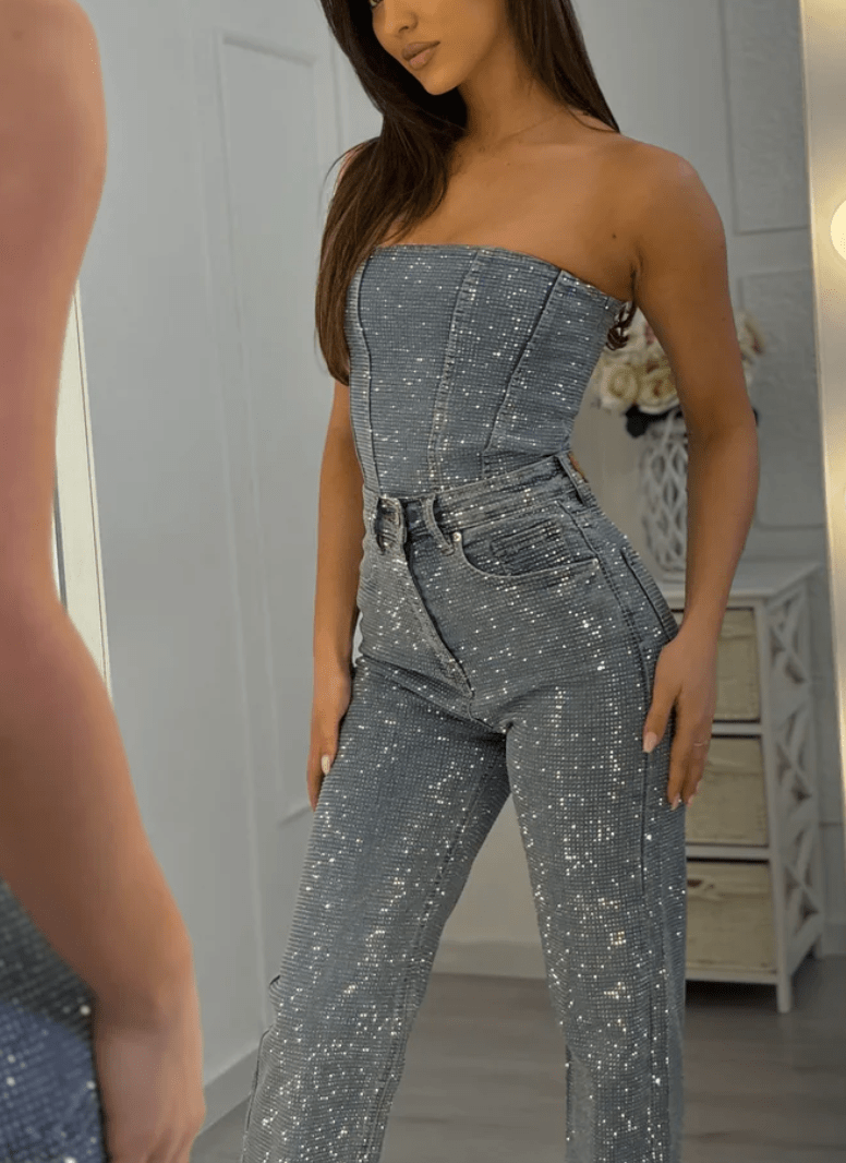 NOMI™ - Jeans in denim a vita alta scintillanti e corsetto in denim - Nomi