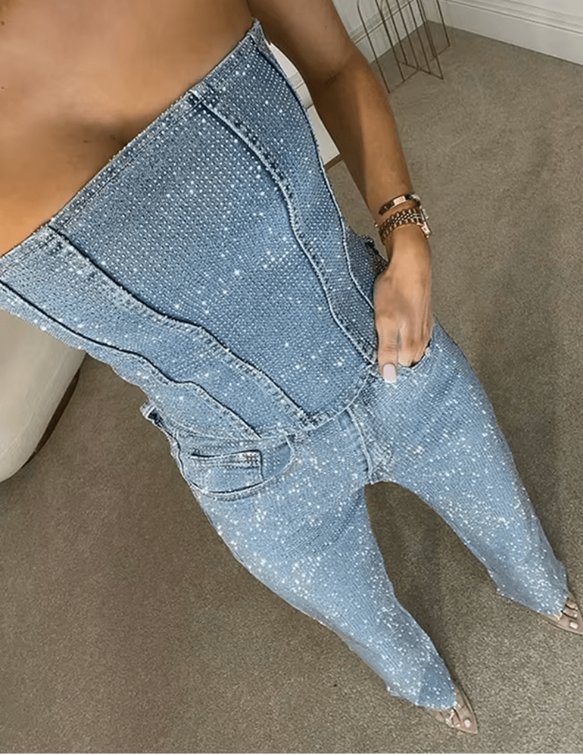 NOMI™ - Jeans in denim a vita alta scintillanti e corsetto in denim - Nomi