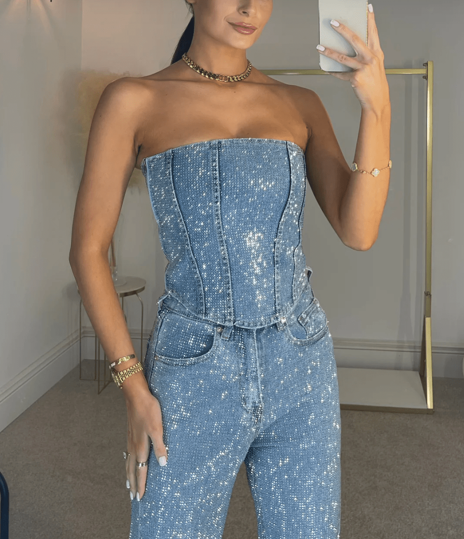 NOMI™ - Jeans in denim a vita alta scintillanti e corsetto in denim - Nomi