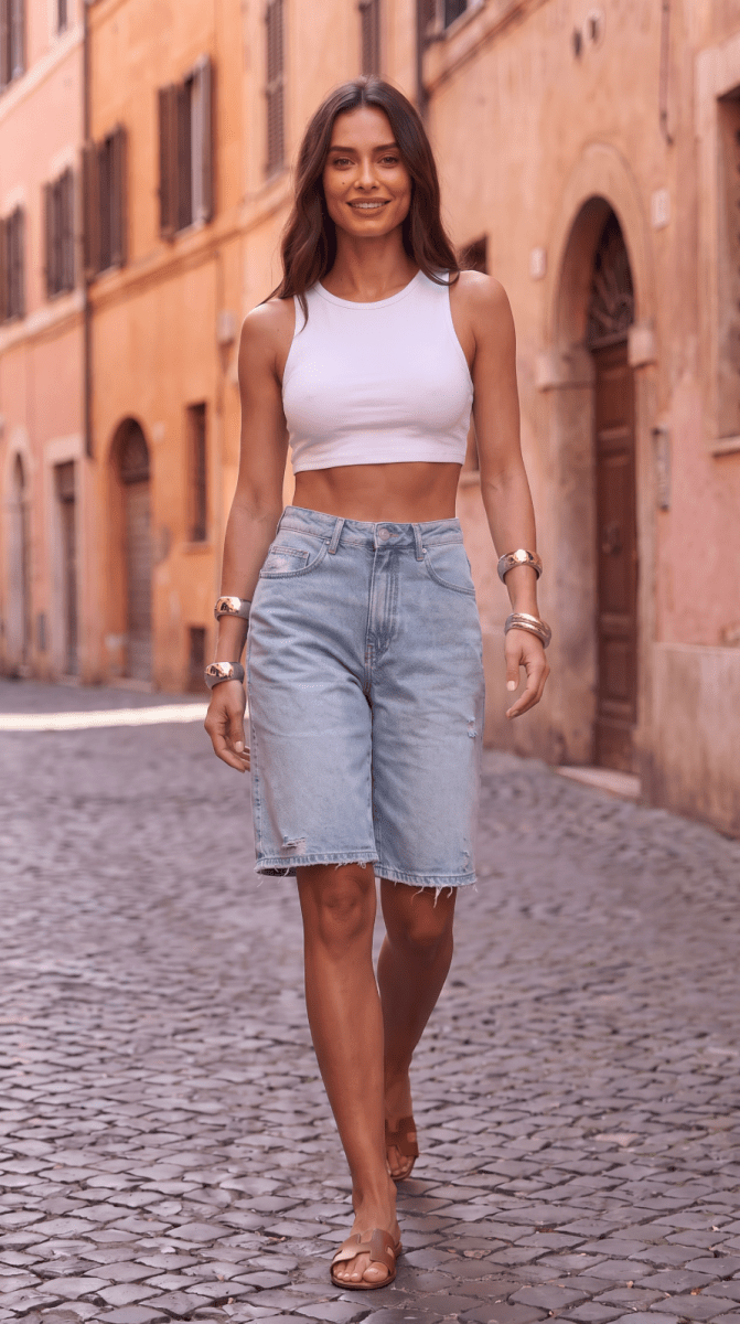 NOMI™ | Jort Denim a Vita Alta con Orlo Sfrangiato - Nomi